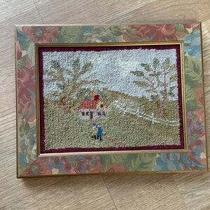 Vintage Folk Art Framed Still Life Crewel Embroidery Needlepoint Piece 11x9